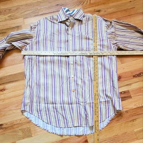 TD Thomas Dean LARGE Striped L/S Button Up Shirt Purple Gold - Picture 6 of 6